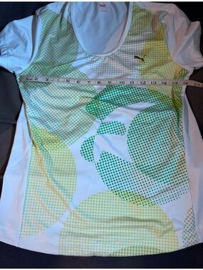 Puma White Athletic Tee with Green and Yellow Dot Graphic